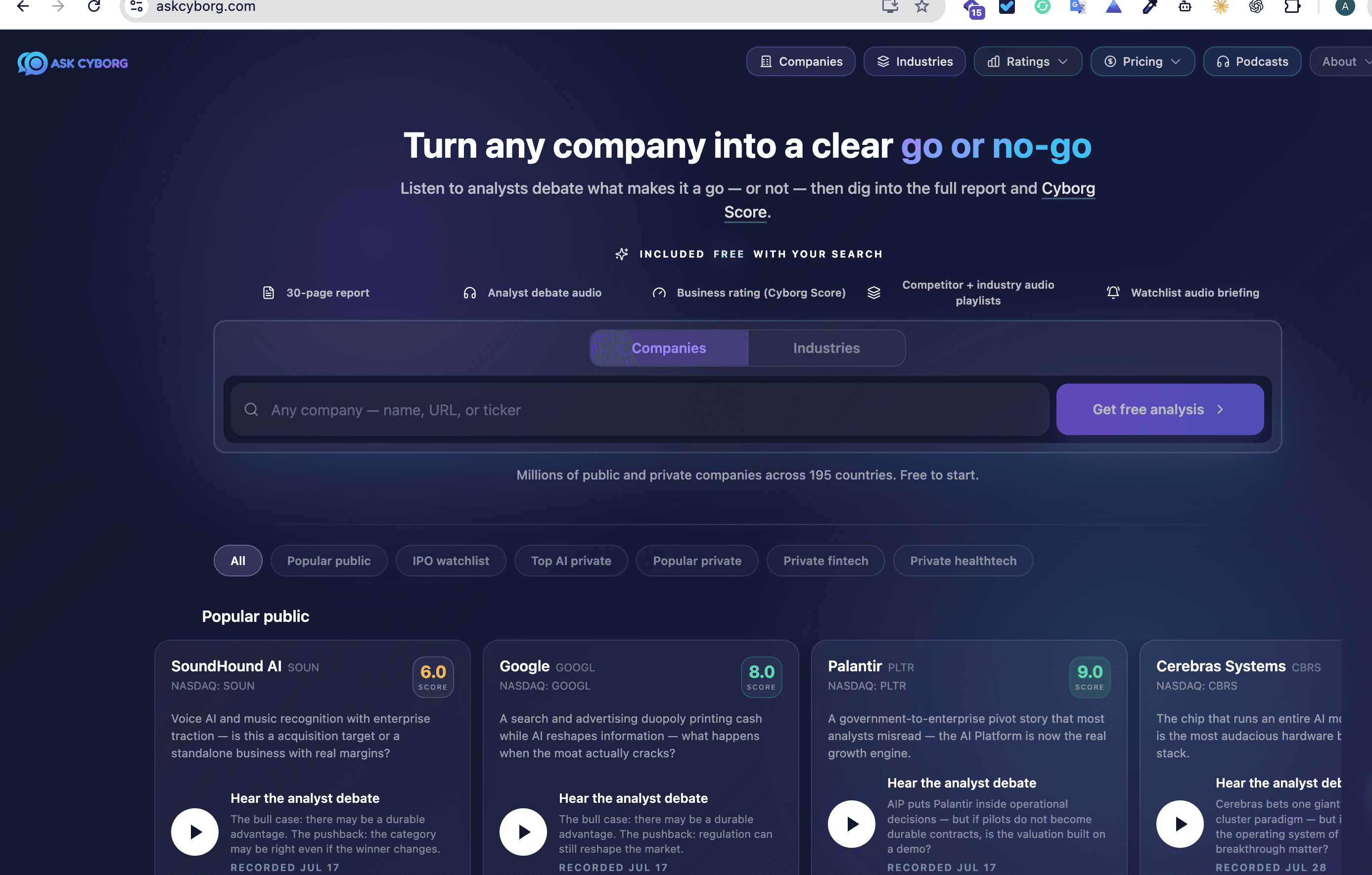 AskCyborg company intelligence search and company-rating interface