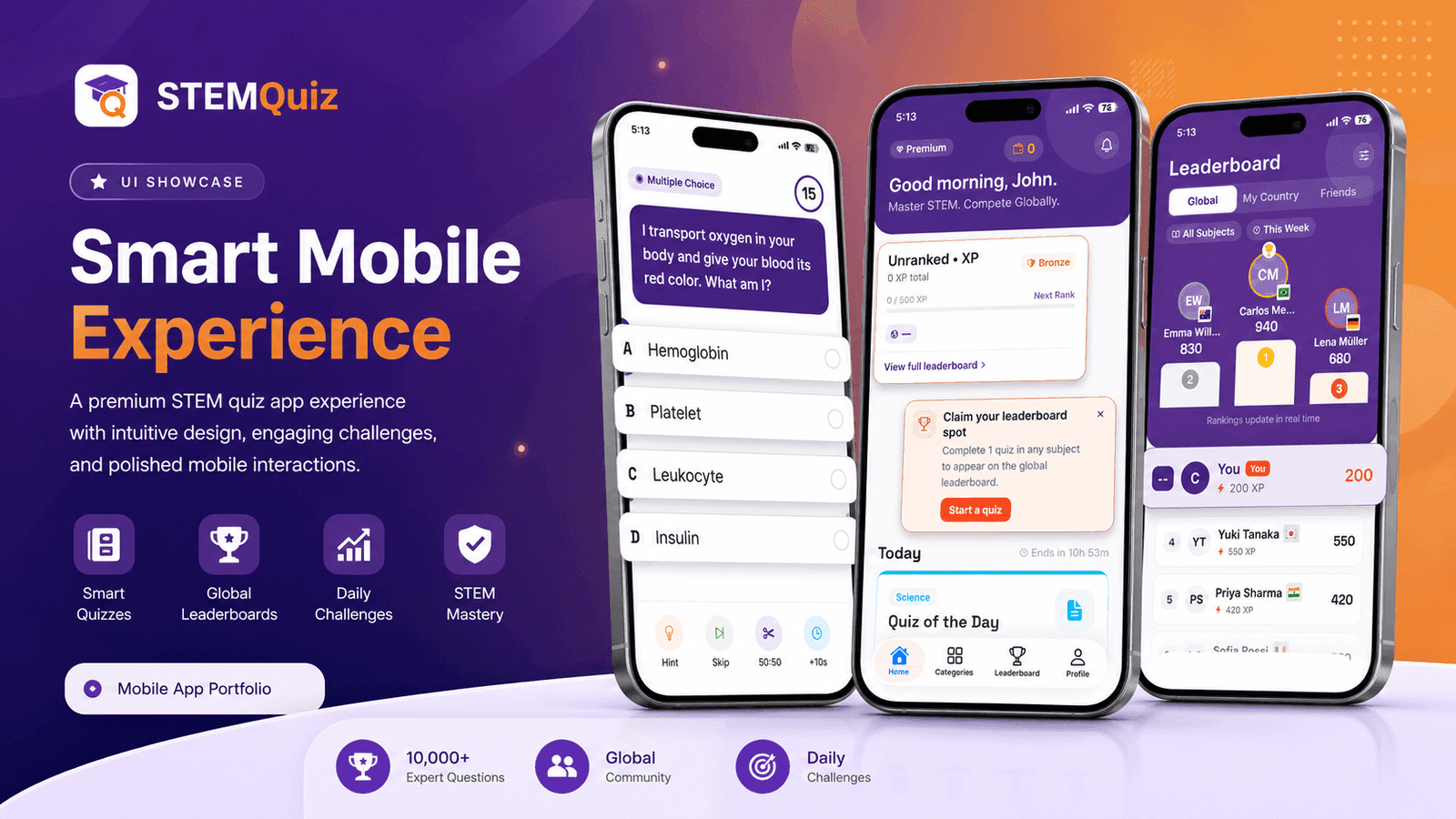 STEMQuiz mobile quiz, progression, and leaderboard experience