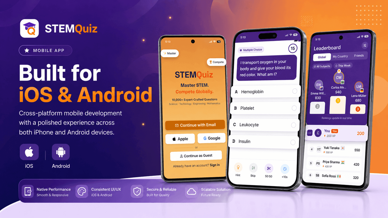 STEMQuiz mobile navigation and key screens